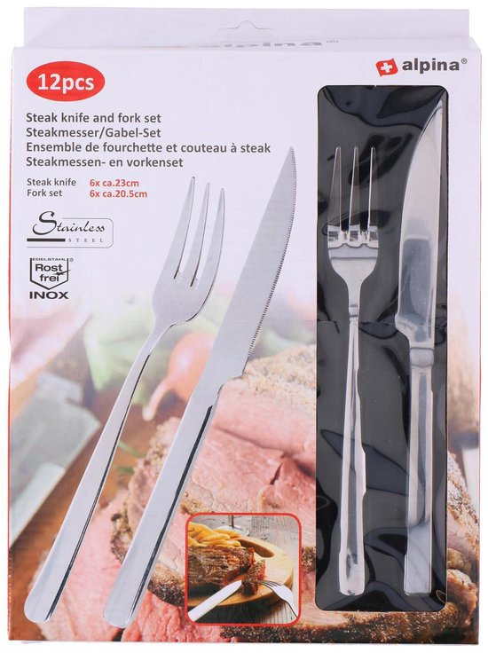 JUEGO CUCHILLO &amp; TENEDOR ACERO INOXIDABLE PARA CARNES ALPINA 12PZS M33717
