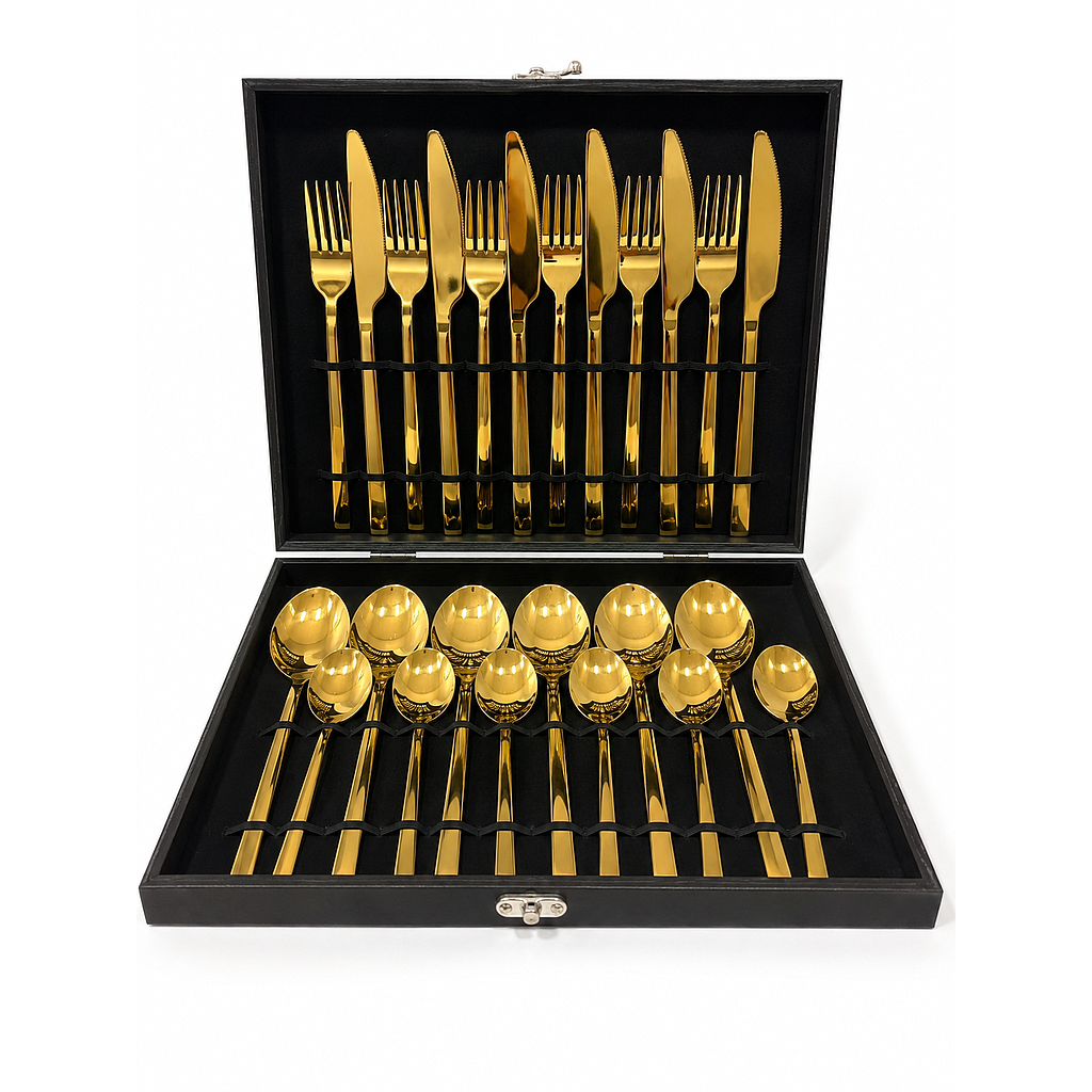 JUEGO CUBIERTOS ACERO INOX DORADO BRILLANTE 24PZS 4HM14-7