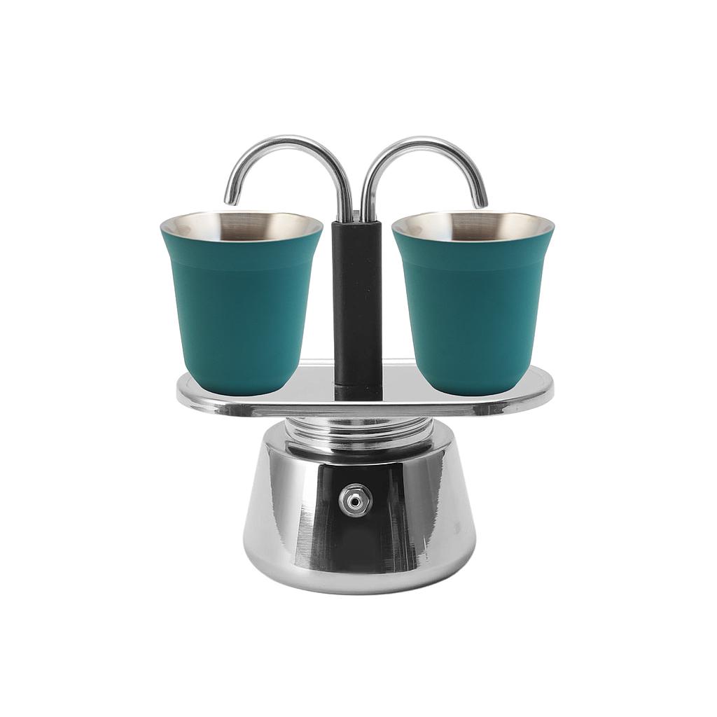 CAFETERA TIPO MOKA BACCIO DUETTO PLATA CON VASOS VERDES 7862140130176