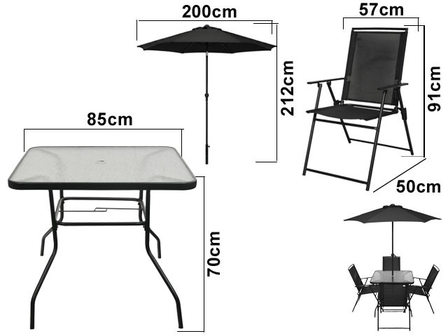 SET COMEDOR EXTERIOR MESA CUADRADA, SILLAS Y PARASOL 662074 / WR5161 (85 x 70cm / 57 x 91cm / 200 x 212cm)