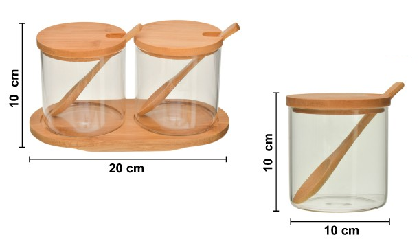 SET CONDIMENTERO VIDRIO TAPA BAMBOO Y BASE 384708 / ES27220 (20 x 10cm)